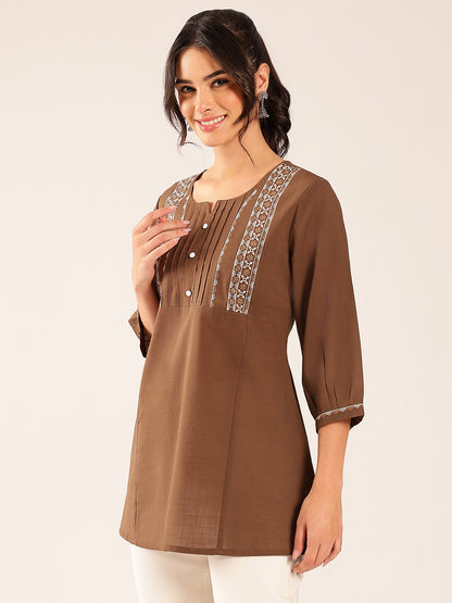 Brown Yoke Design A-Line Cotton Stitched Top