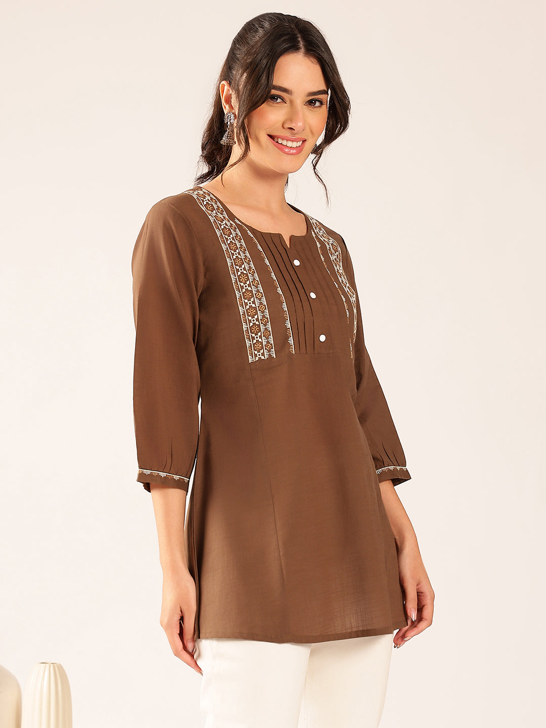 Brown Yoke Design A-Line Cotton Stitched Top