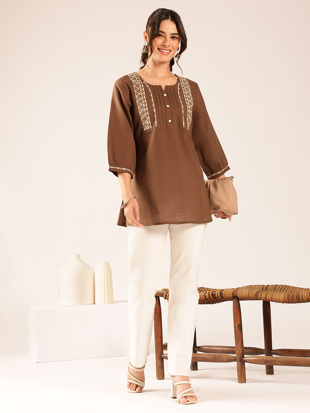 Brown Yoke Design A-Line Cotton Stitched Top