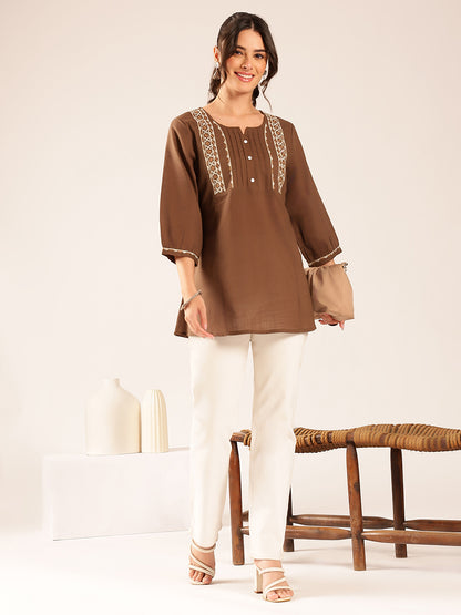 Brown Yoke Design A-Line Cotton Stitched Top