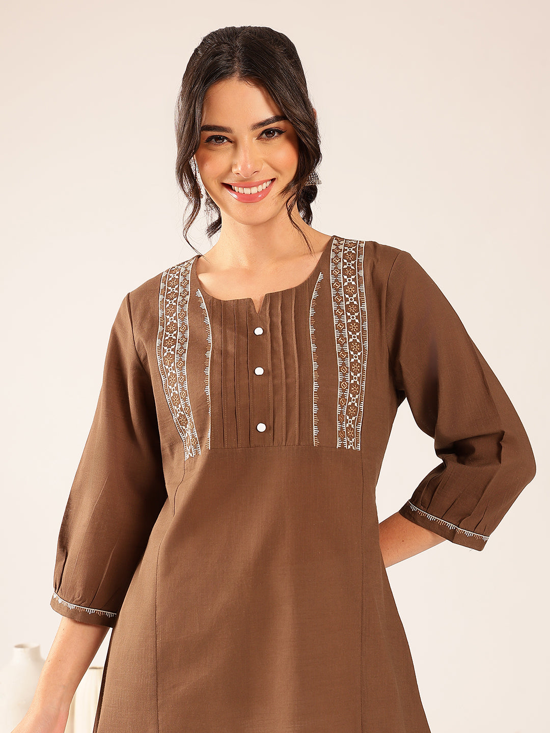 Brown Yoke Design A-Line Cotton Stitched Top