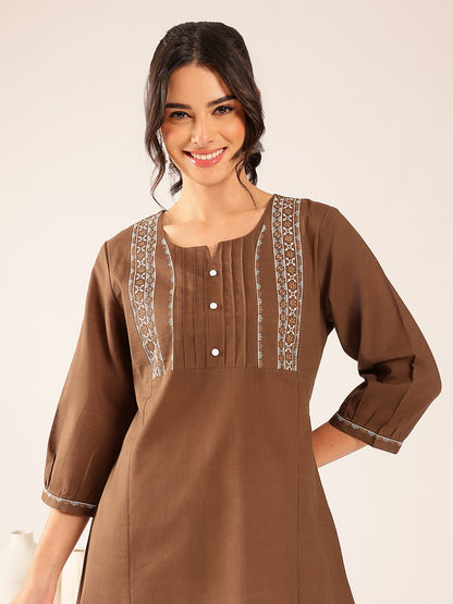 Brown Yoke Design A-Line Cotton Stitched Top