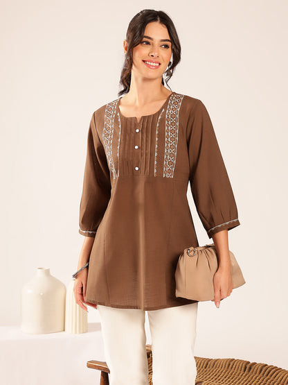 Brown Yoke Design A-Line Cotton Stitched Top
