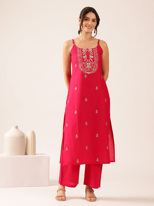 Pink Floral Straight Cotton Stitched Kurta With Palazzo
