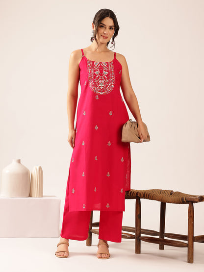 Pink Floral Straight Cotton Stitched Kurta With Palazzo