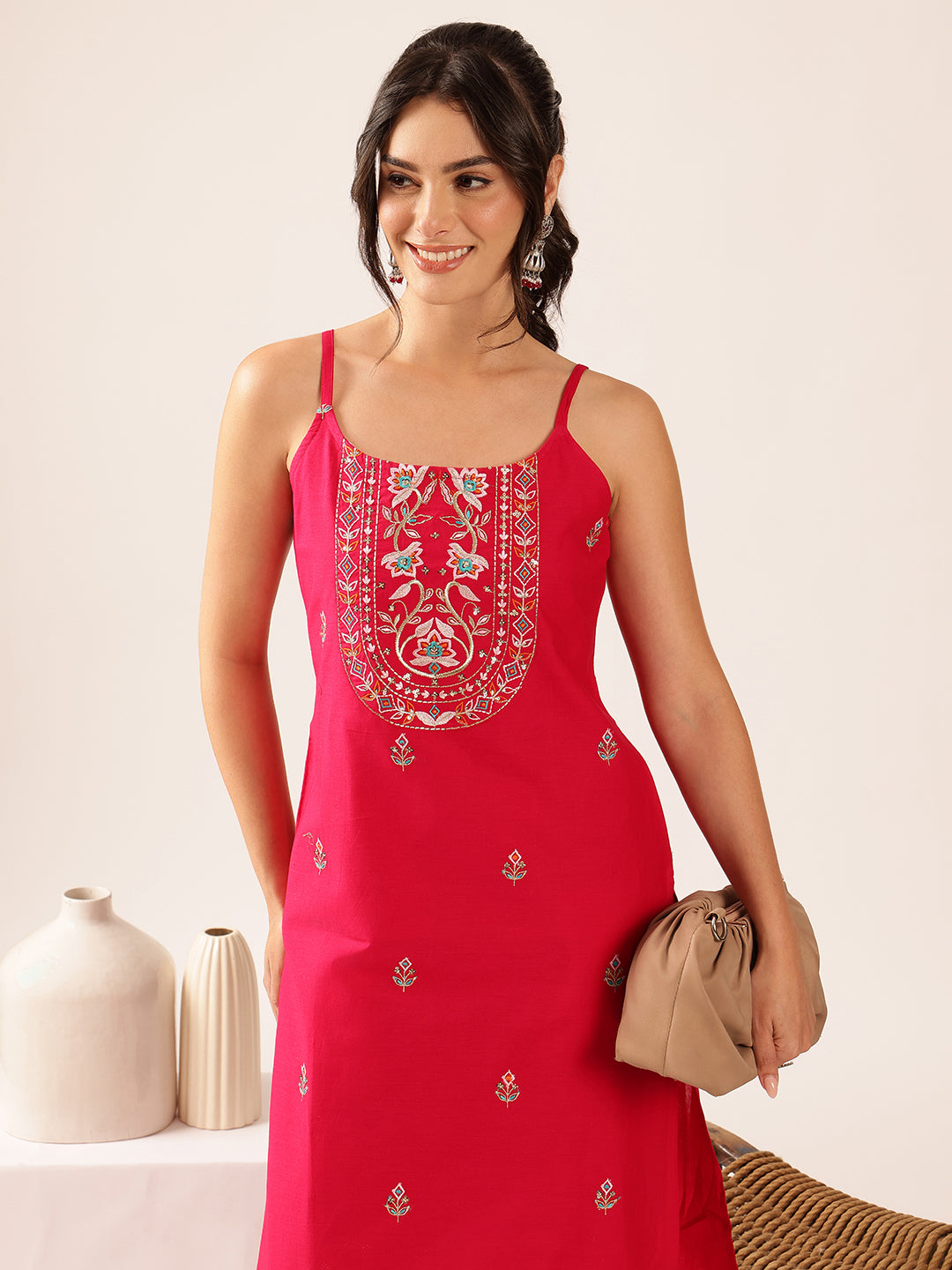 Pink Floral Straight Cotton Stitched Kurta With Palazzo