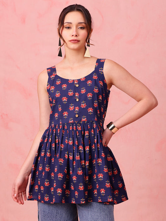 Navy Blue Floral Fit & Flare Cotton Stitched Tunic