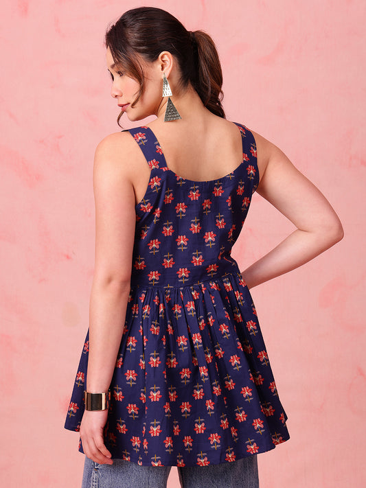 Navy Blue Floral Fit & Flare Cotton Stitched Tunic