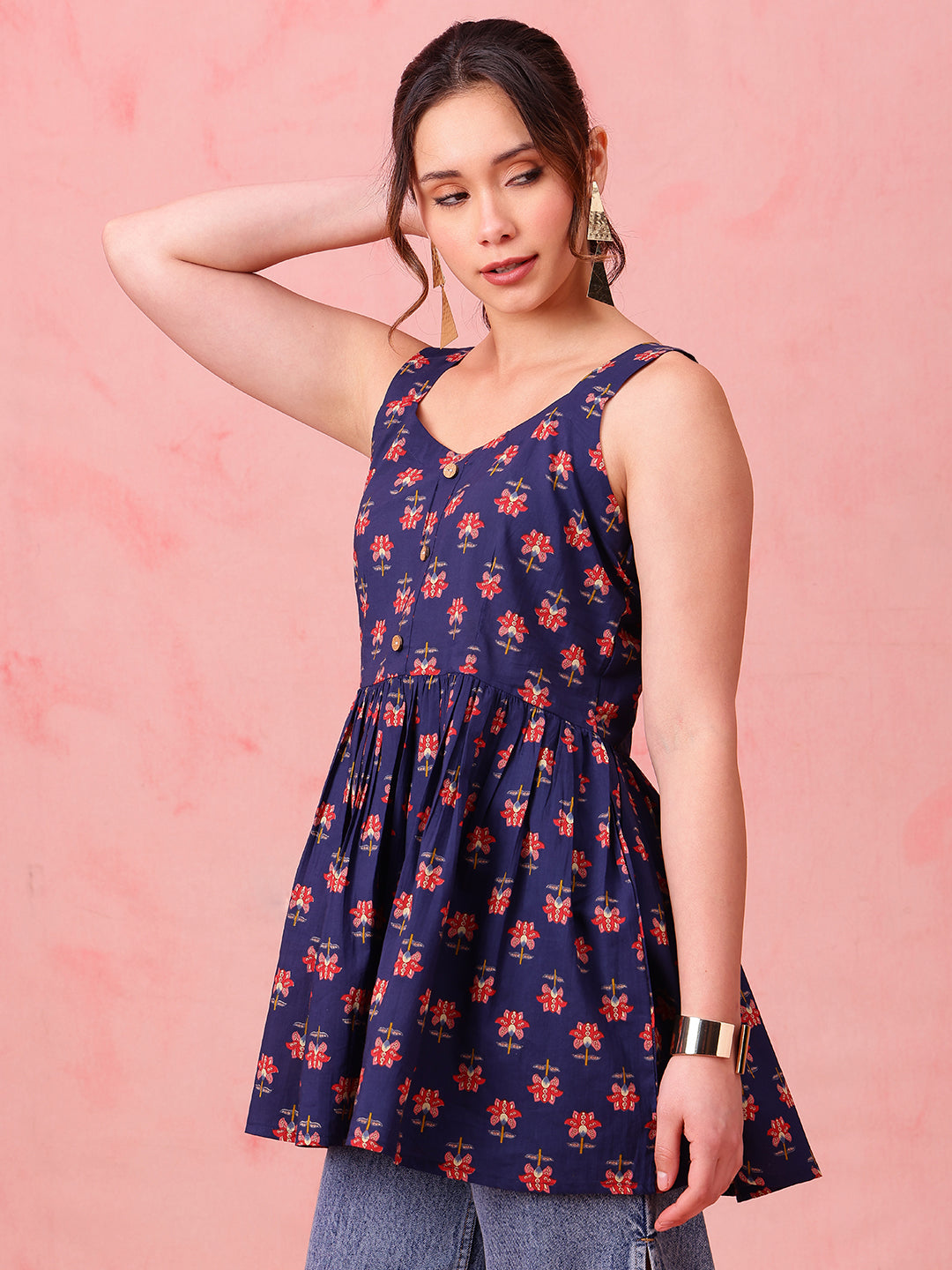 Navy Blue Floral Fit & Flare Cotton Stitched Tunic