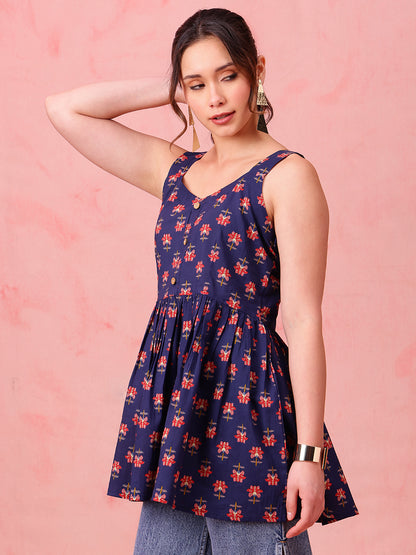 Navy Blue Floral Fit & Flare Cotton Stitched Tunic