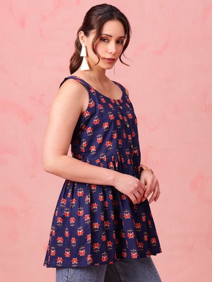 Navy Blue Floral Fit & Flare Cotton Stitched Tunic
