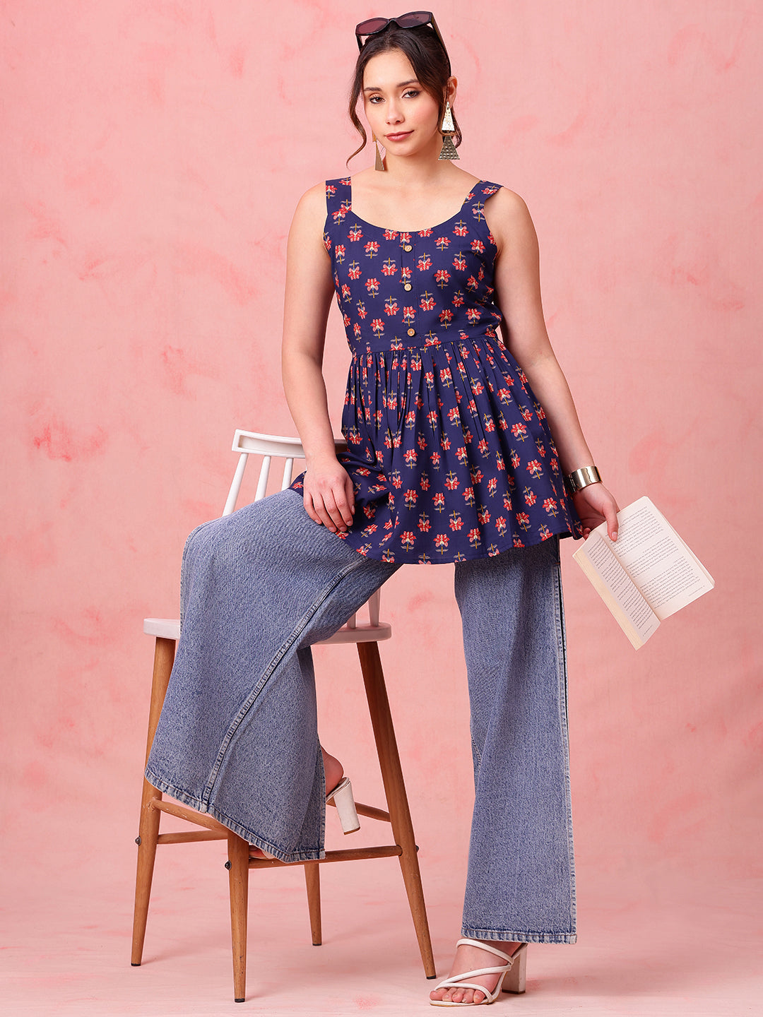 Navy Blue Floral Fit & Flare Cotton Stitched Tunic