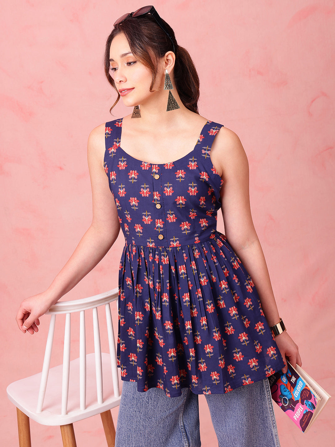 Navy Blue Floral Fit & Flare Cotton Stitched Tunic