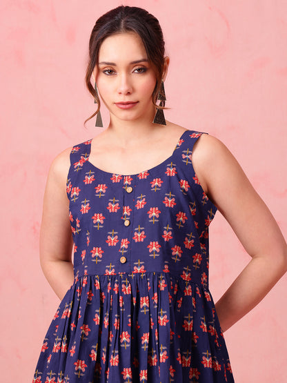 Navy Blue Floral Fit & Flare Cotton Stitched Tunic