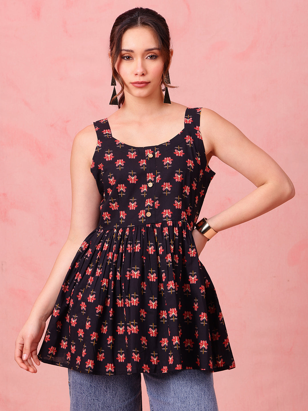 Black Floral Fit & Flare Cotton Stitched Tunic