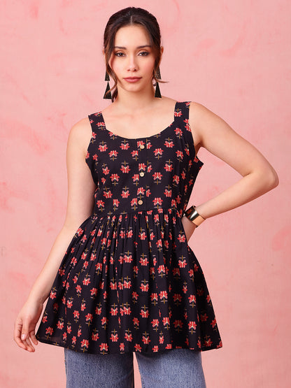 Black Floral Fit & Flare Cotton Stitched Tunic