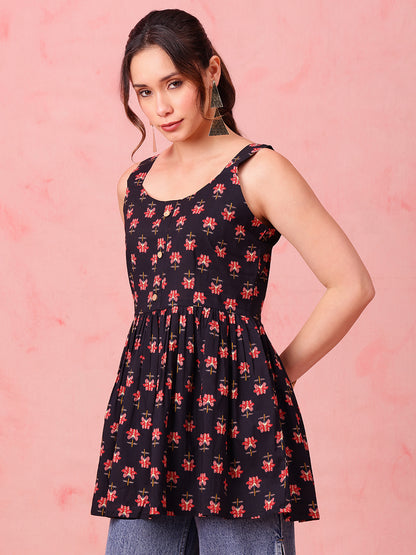 Black Floral Fit & Flare Cotton Stitched Tunic