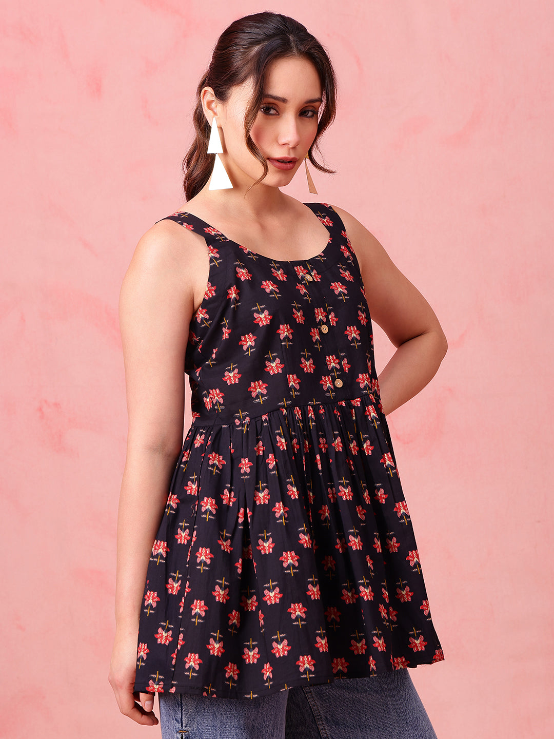 Black Floral Fit & Flare Cotton Stitched Tunic