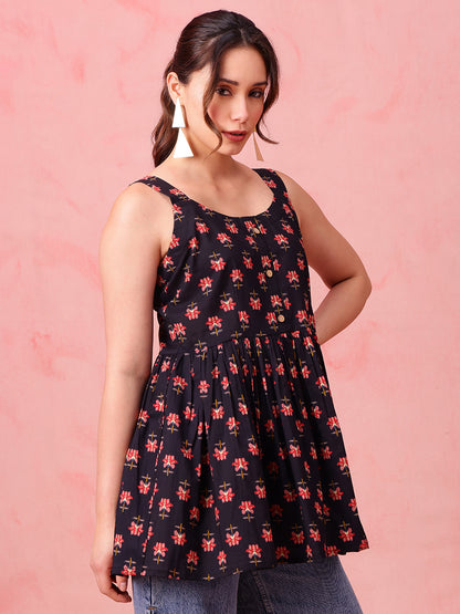 Black Floral Fit & Flare Cotton Stitched Tunic