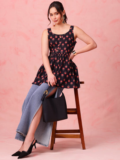 Black Floral Fit & Flare Cotton Stitched Tunic