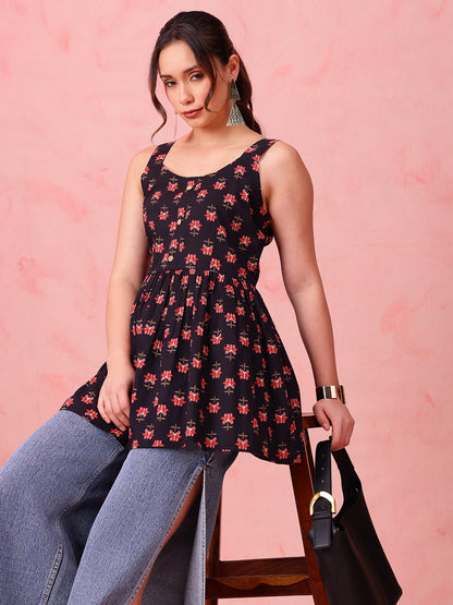 Black Floral Fit & Flare Cotton Stitched Tunic