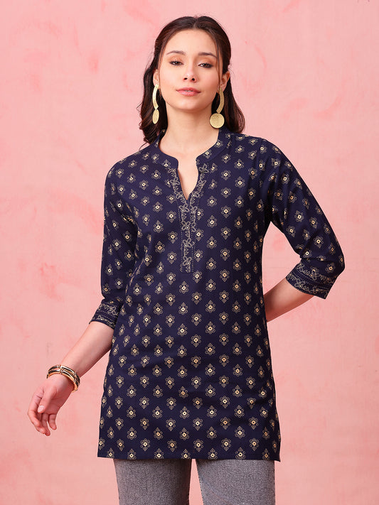 Navy Foil Print Straight Cotton Stitched Tunic