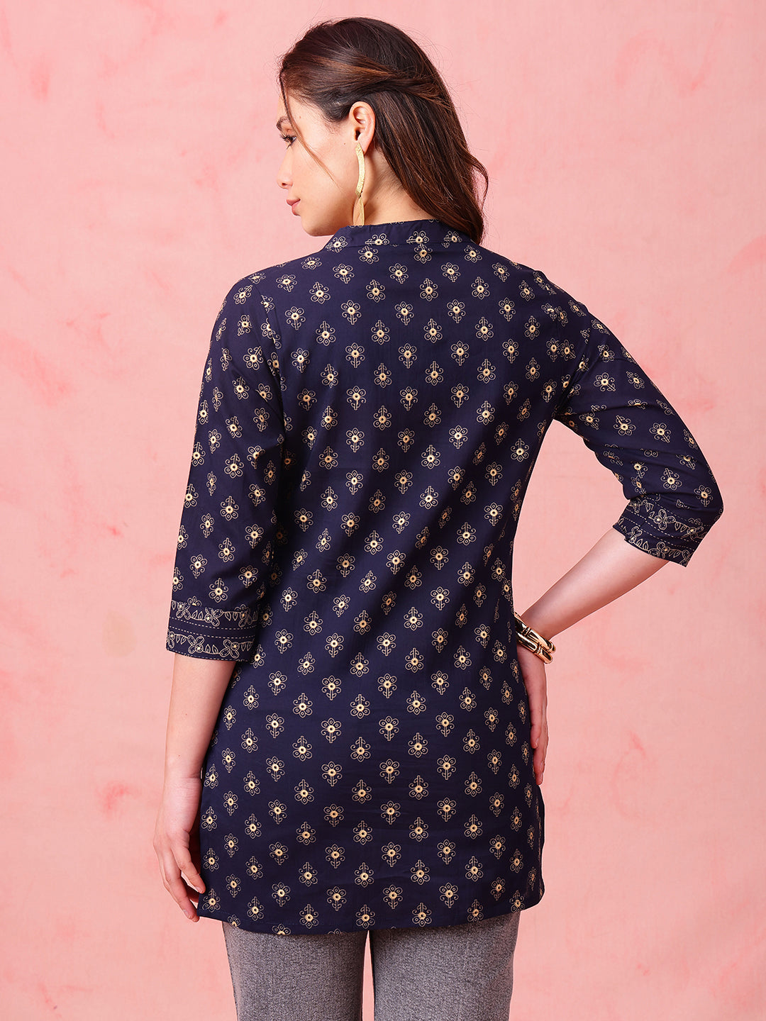 Navy Foil Print Straight Cotton Stitched Tunic