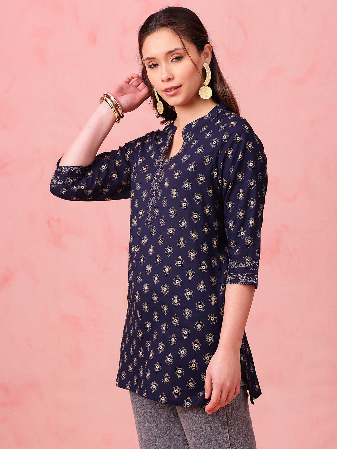 Navy Foil Print Straight Cotton Stitched Tunic