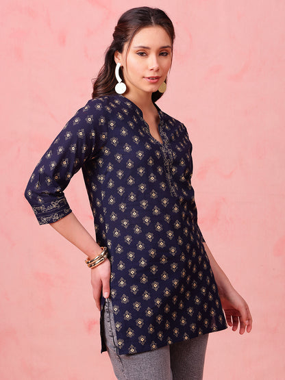 Navy Foil Print Straight Cotton Stitched Tunic