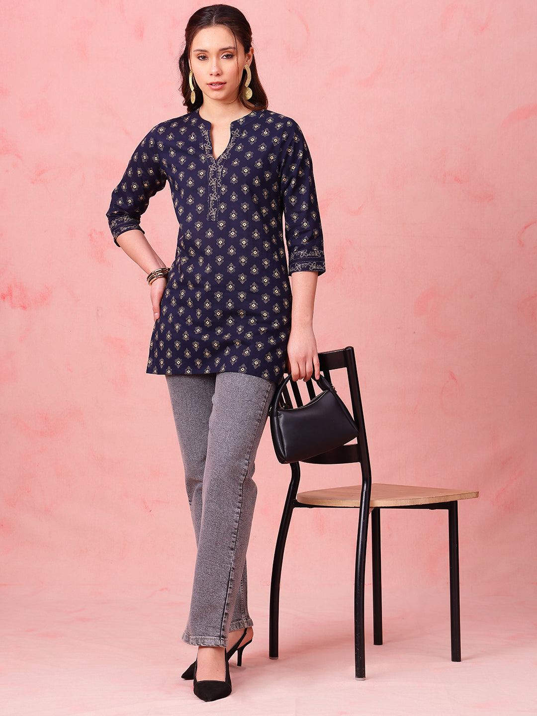 Navy Foil Print Straight Cotton Stitched Tunic