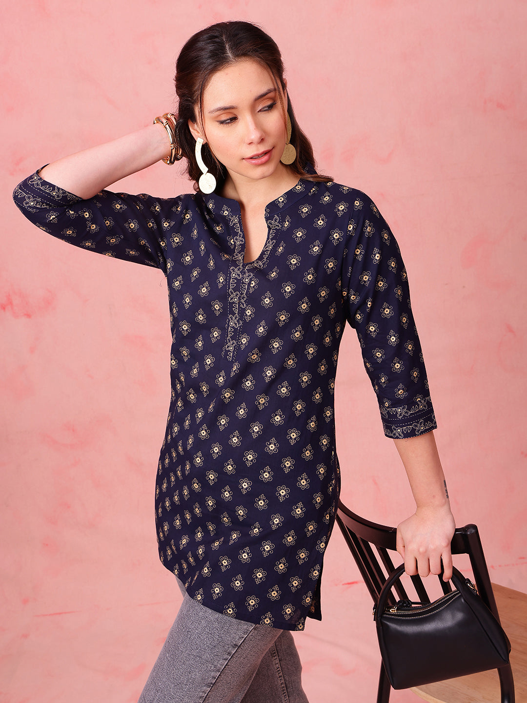 Navy Foil Print Straight Cotton Stitched Tunic