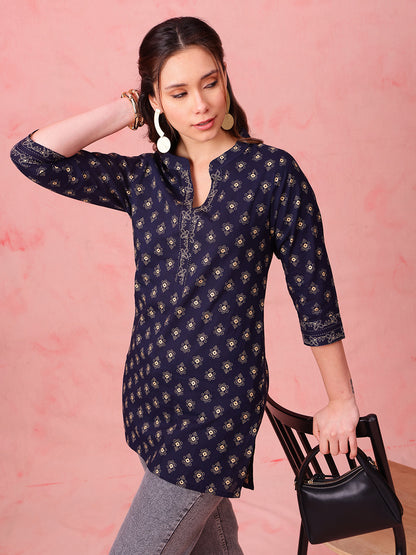Navy Foil Print Straight Cotton Stitched Tunic