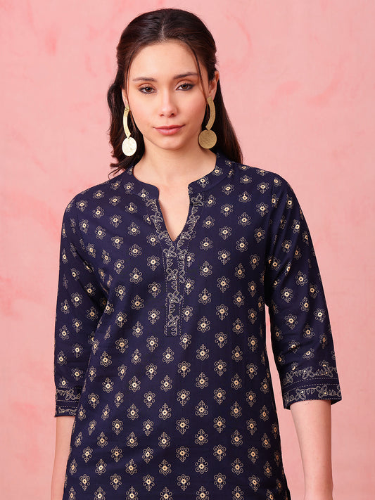 Navy Foil Print Straight Cotton Stitched Tunic