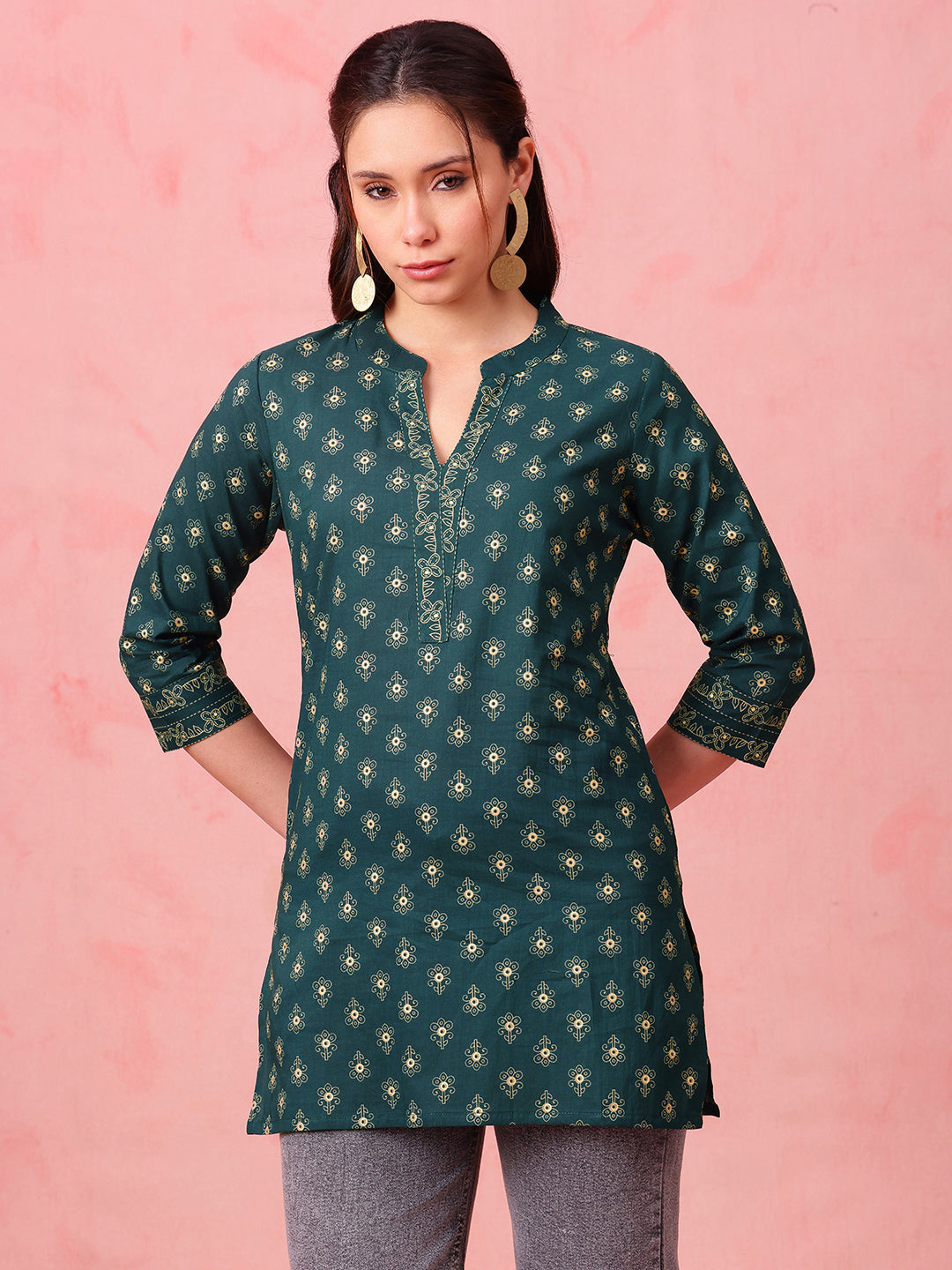 Green Foil Print Straight Cotton Stitched Tunic