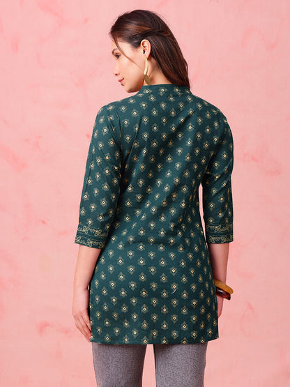 Green Foil Print Straight Cotton Stitched Tunic