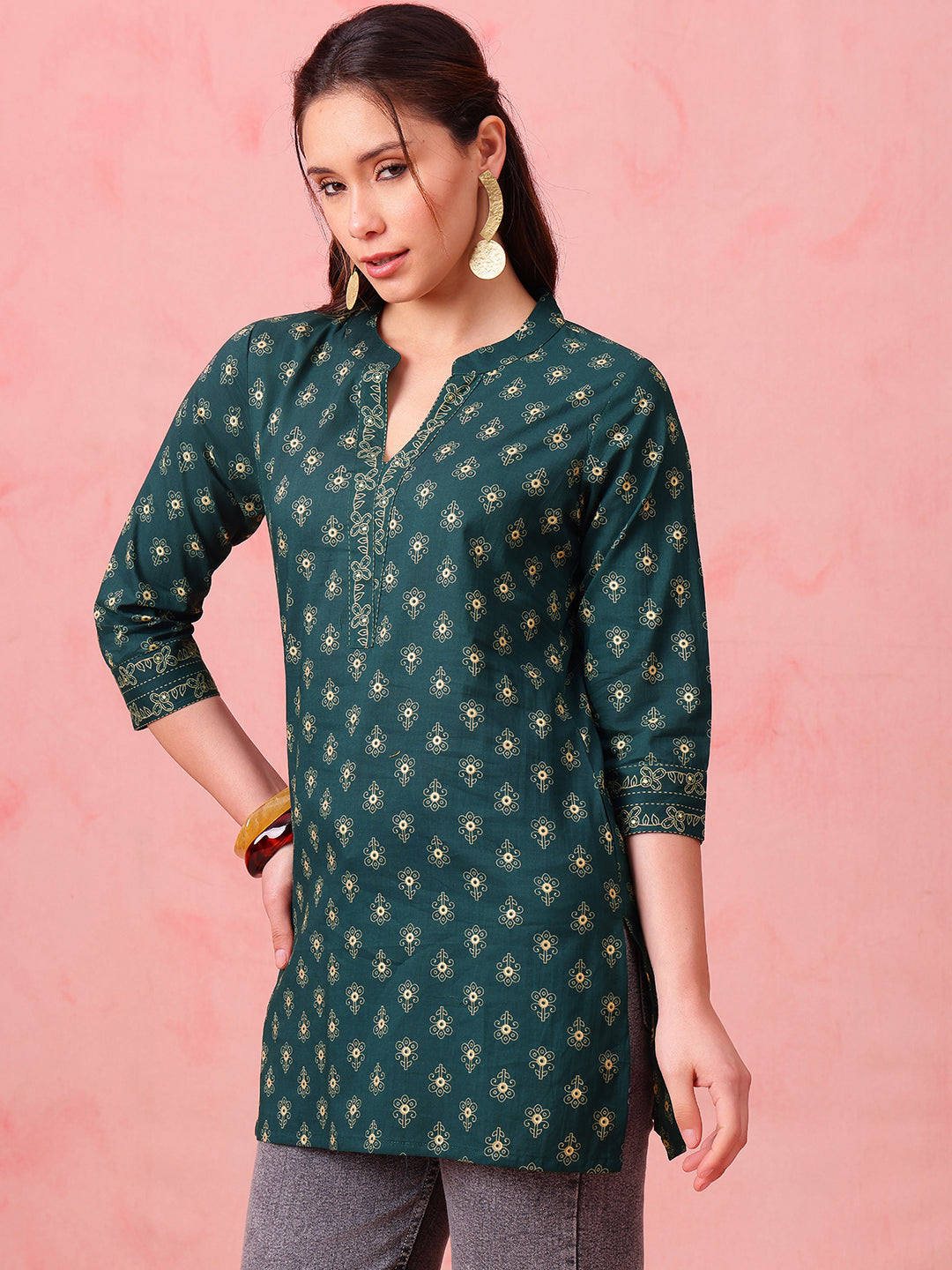Green Foil Print Straight Cotton Stitched Tunic
