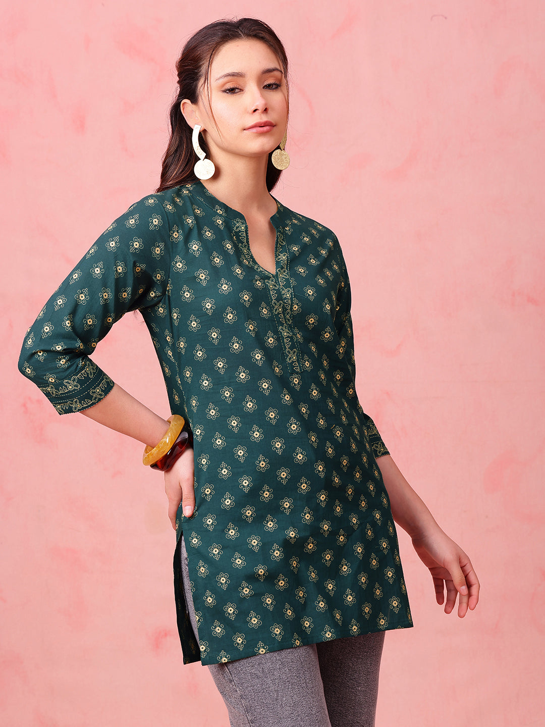 Green Foil Print Straight Cotton Stitched Tunic