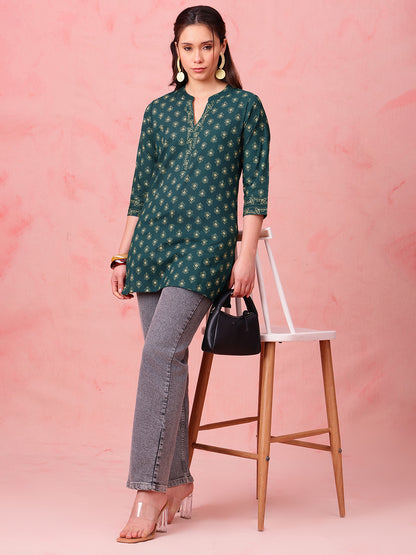 Green Foil Print Straight Cotton Stitched Tunic