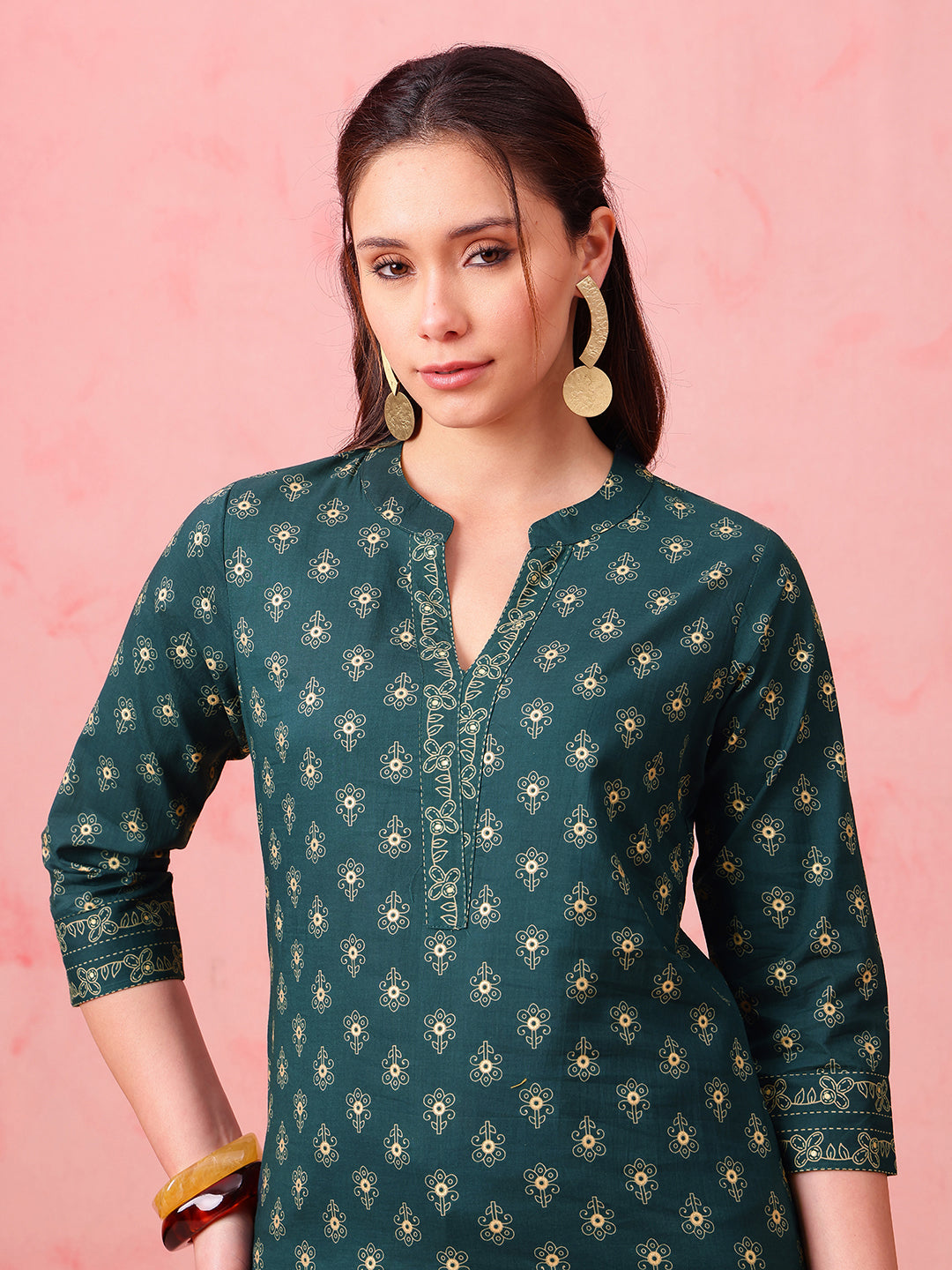Green Foil Print Straight Cotton Stitched Tunic
