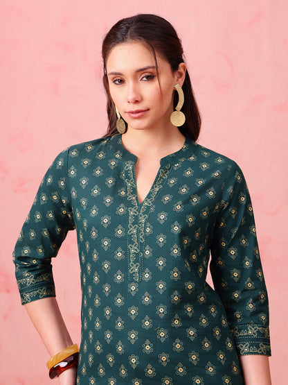 Green Foil Print Straight Cotton Stitched Tunic