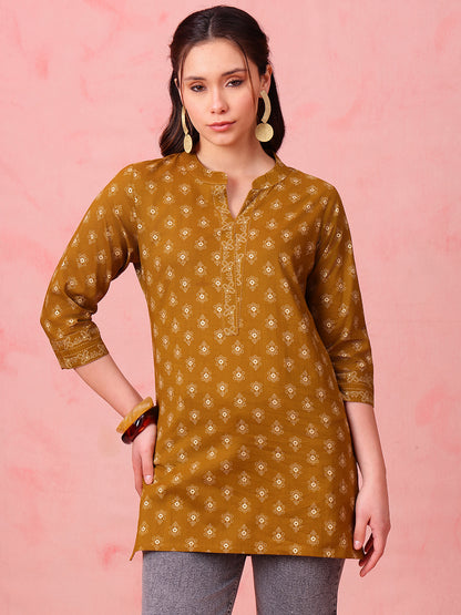 Mustard Foil Print Straight Cotton Stitched Tunic
