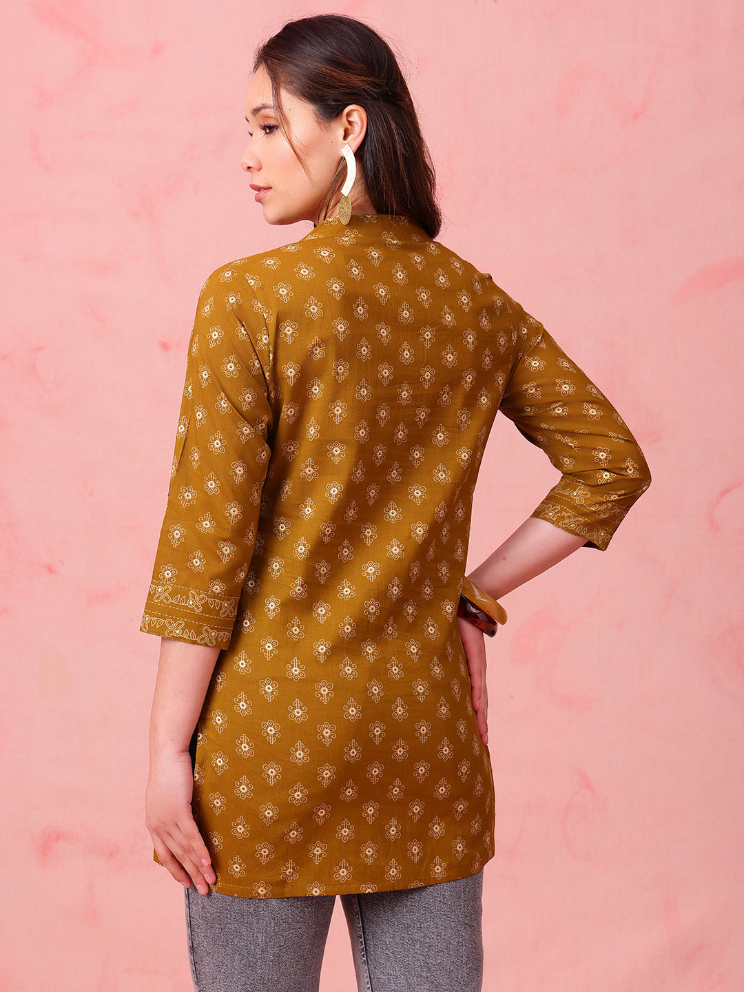Mustard Foil Print Straight Cotton Stitched Tunic
