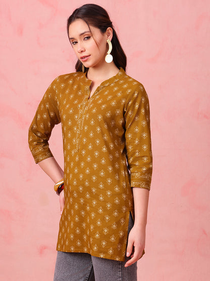 Mustard Foil Print Straight Cotton Stitched Tunic