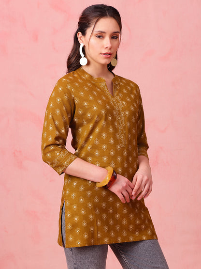 Mustard Foil Print Straight Cotton Stitched Tunic