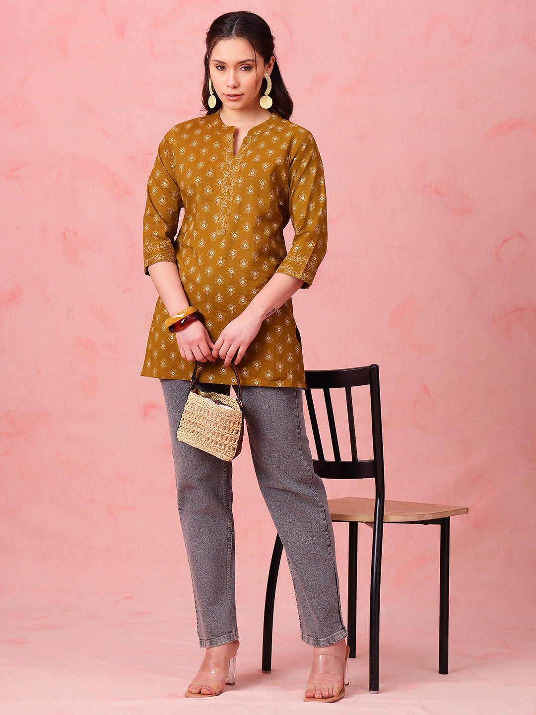 Mustard Foil Print Straight Cotton Stitched Tunic