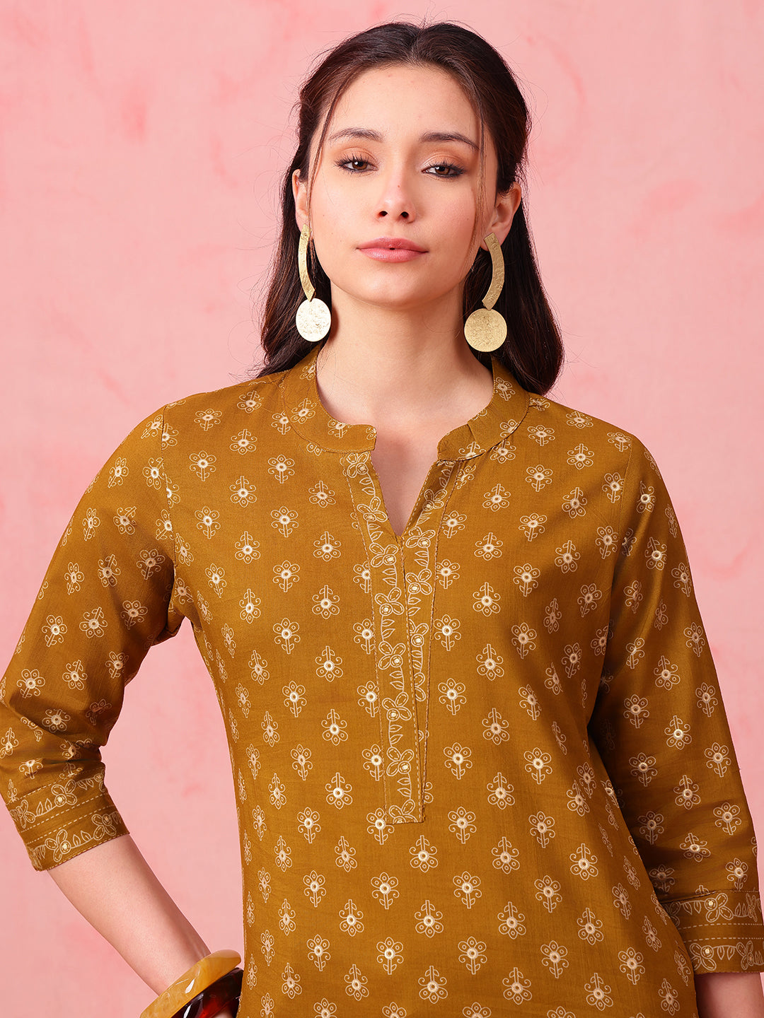 Mustard Foil Print Straight Cotton Stitched Tunic