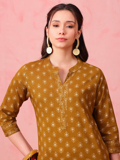 Mustard Foil Print Straight Cotton Stitched Tunic