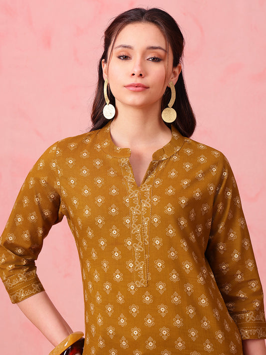 Mustard Foil Print Straight Cotton Stitched Tunic