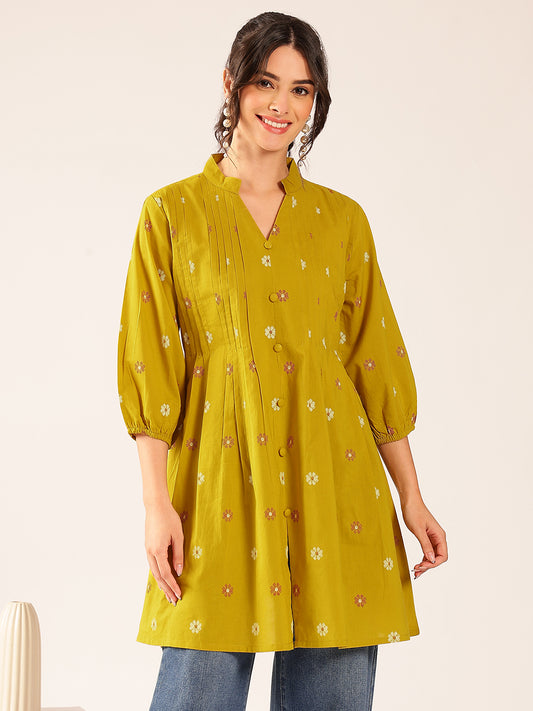 Mustard Floral A-Line Cotton Stitched Kurta