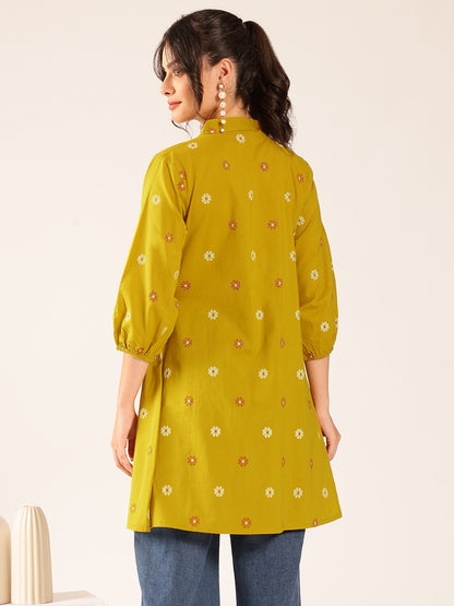 Mustard Floral A-Line Cotton Stitched Kurta